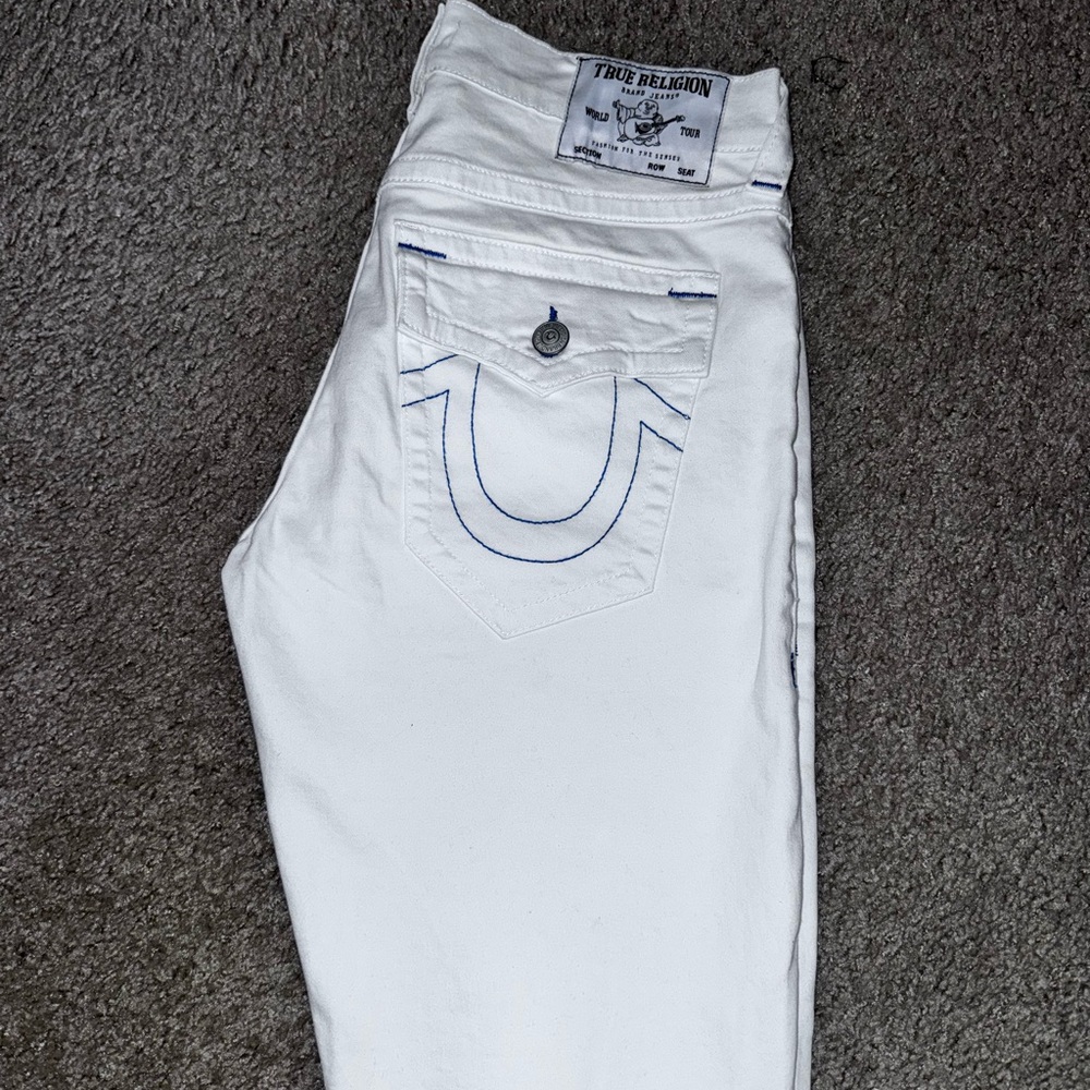True Religion White Denim Shorts with Blue Accents